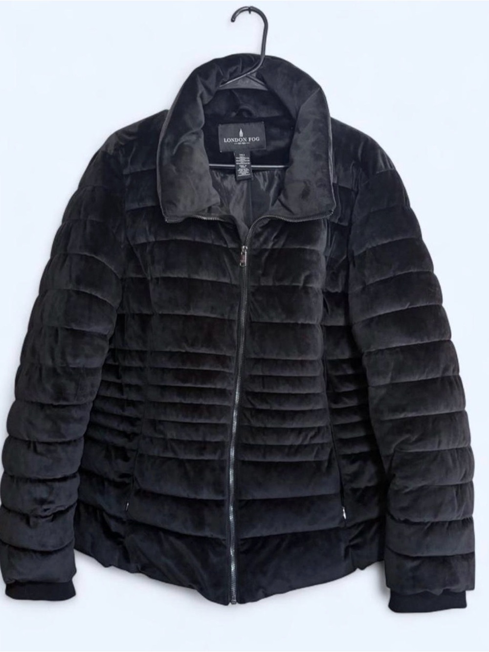 London Fog Black Quilted Velvet-Look Puffer